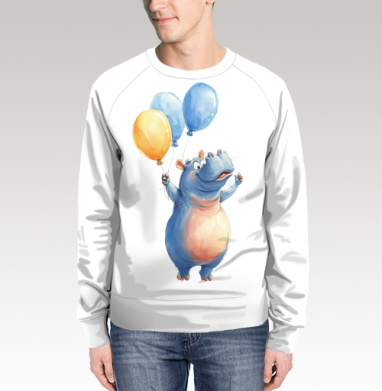Watercolor Blue Hippo with Balloons / Акварельный бегемот с шариками, Свитшот мужской 3D