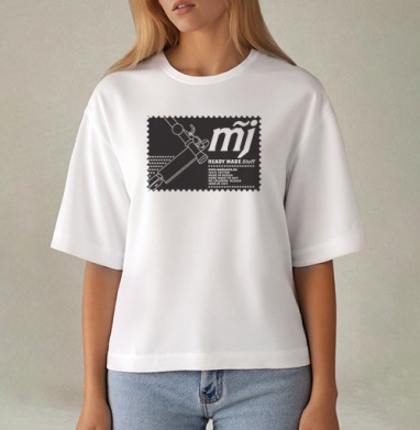 Стилизованный автомат Калашникова с логотипом MJ и надписями READY MADE Stuff, Футболка женская оверсайз Mido