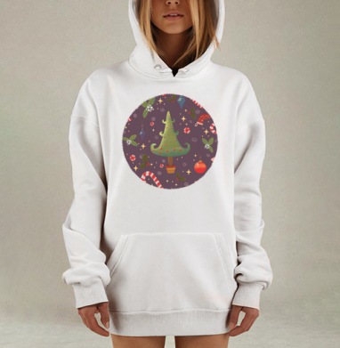 Праздничный рождественский паттерн с елкой и игрушками, Hoodie Mjhigh Dig, оверсайз, утепленная