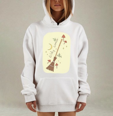 Иллюстрация «Ведьмовская женщина» с метлой и грибами, Hoodie Mjhigh Dig, оверсайз, утепленная