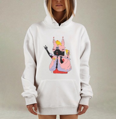 Стильный кот с рок-жестом и птичками - арт-дизайн 19, Hoodie Mjhigh Dig, оверсайз, утепленная