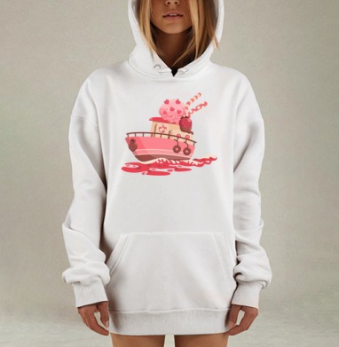 Розовый кораблик с мороженым и клубникой, Hoodie Mjhigh Dig, оверсайз, утепленная