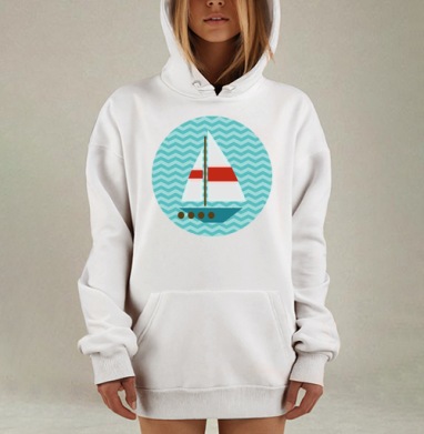 Паттерн с красными парусниками на бирюзовых волнах, Hoodie Mjhigh Dig, оверсайз, утепленная