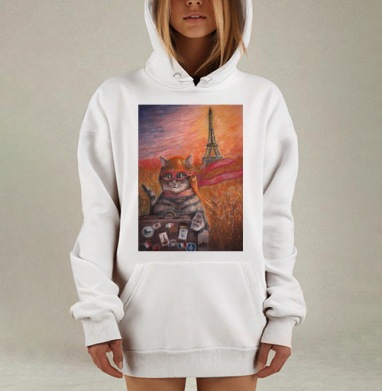 Кот-путешественник в Париже с чемоданом, Hoodie Mjhigh Dig, оверсайз, утепленная