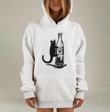 Чёрный кот с бутылкой яда – интригующая иллюстрация, Hoodie Mjhigh Dig, оверсайз, утепленная