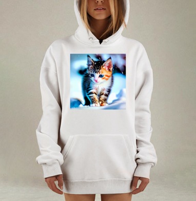 Милый Котенок На Снегу Нежный Взгляд Животного, Hoodie Mjhigh Dig, оверсайз, утепленная