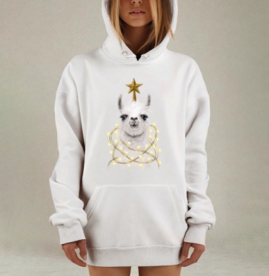 Лама в новогодних огнях с золотой звездой, Hoodie Mjhigh Dig, оверсайз, утепленная