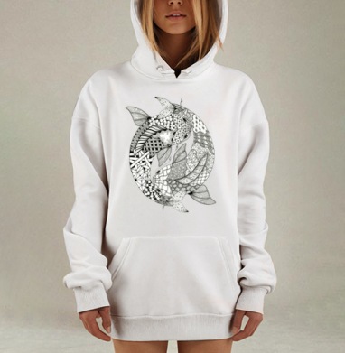 Карпы кои инь-ян в стиле дзентангл, Hoodie Mjhigh Dig, оверсайз, утепленная