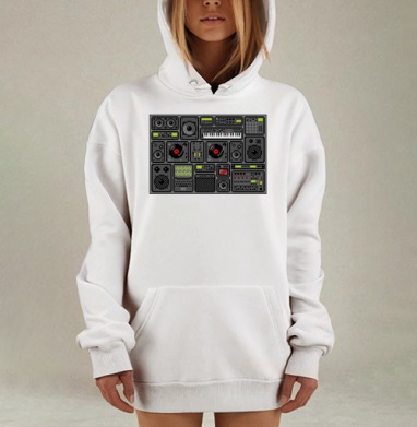 Пиксельный коллаж аудиотехники 80-90-х, Hoodie Mjhigh Dig, оверсайз, утепленная