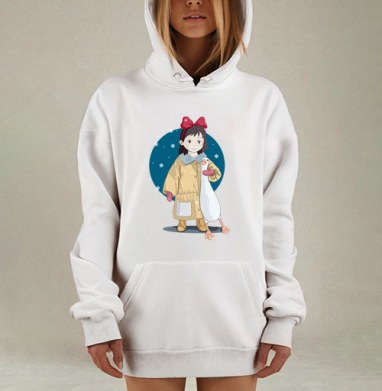 Зимняя иллюстрация с девочкой и длинным белым гусем, Hoodie Mjhigh Dig, оверсайз, утепленная