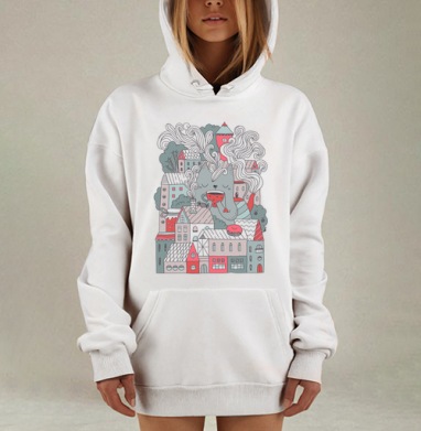 Гигантский кот с чашкой чая над городом, Hoodie Mjhigh Dig, оверсайз, утепленная