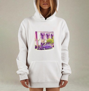 Ностальгия Времени: Фиолетовый Ретро Автомобиль, Hoodie Mjhigh Dig, оверсайз, утепленная
