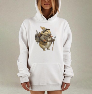 Пушистый кролик-путешественник в походной экипировке, Hoodie Mjhigh Dig, оверсайз, утепленная