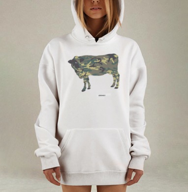 Корова в камуфляже на однотонном фоне Milkytary, Hoodie Mjhigh Dig, оверсайз, утепленная
