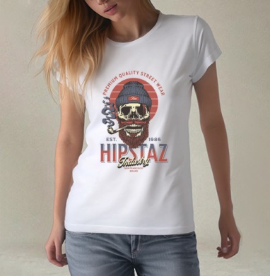Череп хипстер с трубкой и бородой для одежды street wear, Футболка женская белая 180гр