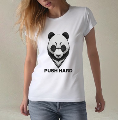 Мотивирующий принт с панды «PUSH HARD», Футболка женская белая 180гр
