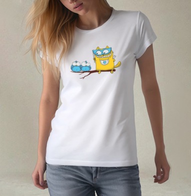 Yellow Superhero Cat / Желтый супергерой кот угрожает маленьким синим птичкам, Футболка женская белая 180гр