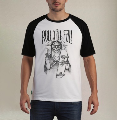 Мистический скелет с скейтбордом ROLL TILL FALL - Футболка мужская REGULAR реглан бел/черный, страница 10