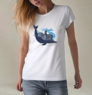 Whale city, Футболка женская белая 180гр