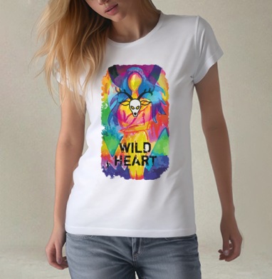 Яркий арт-постер «Wild Heart» с маской оленя, Футболка женская белая 180гр