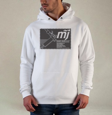 Стилизованный автомат Калашникова с логотипом MJ и надписями READY MADE Stuff, Толстовка белая Regular, утепленная