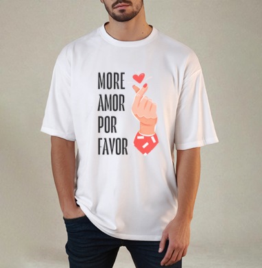 Hand heart More Amor / Рука с сердцем жест корейское сердечко, Футболка / Мужчинам / Оверсайз / Белая / C принтом