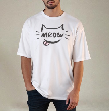 Игривый кот с надписью meow и высунутым язычком, Футболка / Мужчинам / Оверсайз / Белая / C принтом