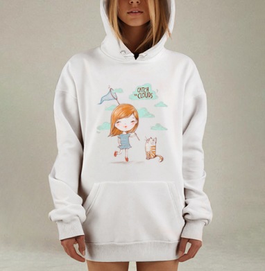 Детская иллюстрация «Поймай облака» с девочкой и котом, Hoodie Mjhigh Dig, оверсайз, утепленная