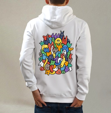 Весёлое собрание мультяшных монстров doodle art, Толстовка на молнии, печать на спине. муж. белая v3 320гр