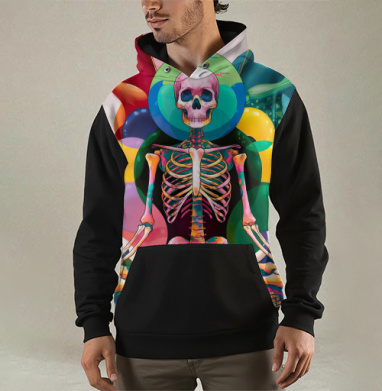 Скелет в медитации ярких цветов на фоне вдохновения, Толстовка мужская Regular 3D