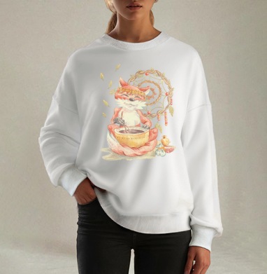 Лис-целитель с ритуальной чашей и ловцом снов, Свитшот оверсайз белый женский