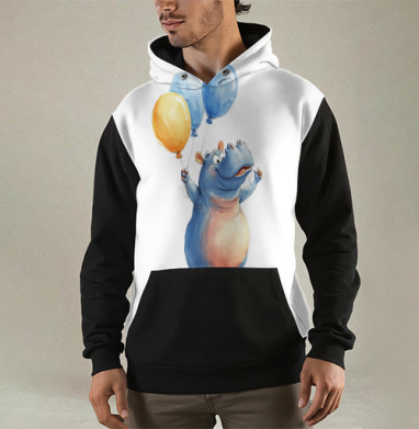 Watercolor Blue Hippo with Balloons / Акварельный бегемот с шариками, Толстовка мужская Regular 3D