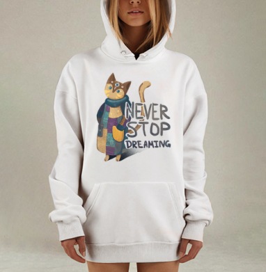 Яркая вдохновляющая стилизованная кошка NEVER STOP DREAMING - Магазин футболок 18 Добрых Лис