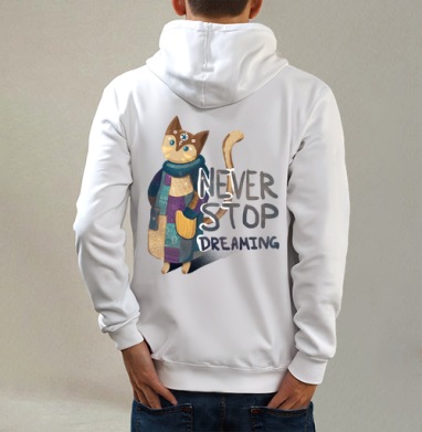 Яркая вдохновляющая стилизованная кошка NEVER STOP DREAMING, Толстовка на молнии, печать на спине. муж. белая v3 320гр