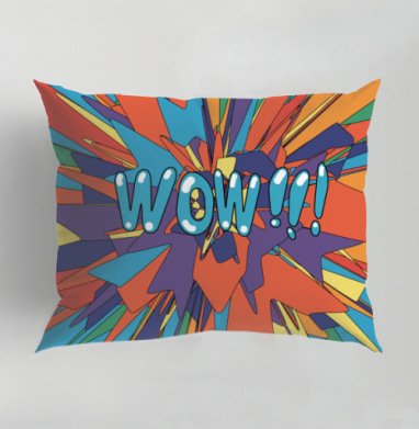 Яркий взрыв энергичных фигур с надписью WOW на голубом фоне, Подушка декоративная 50х70 см