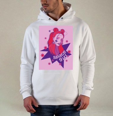 Девушка с красными волосами и космосом вокруг space girl, Толстовка белая Regular, утепленная