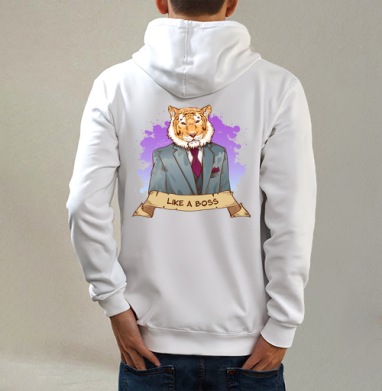 Like a boss, Толстовка на молнии, печать на спине. муж. белая v3 320гр