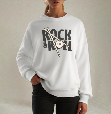 Рок-н-ролльная подача суши с черепом и палочками ROCK ROLL, Свитшот оверсайз белый женский
