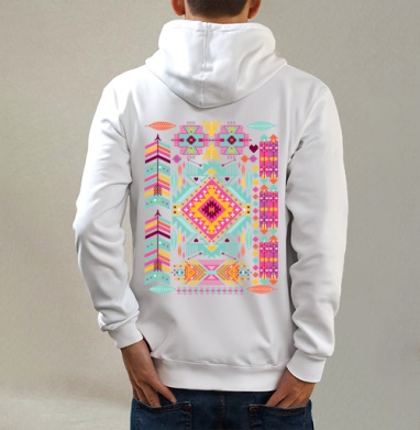 Trendy tribal ornament, Толстовка на молнии, печать на спине. муж. белая v3 320гр