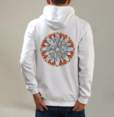 Mandala/Мандала симметричный зентангл узор для созерцания медитативного черно белого, Толстовка на молнии, печать на спине. муж. белая v3 320гр