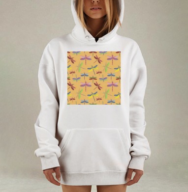 Мягкие разноцветные стрекозы на нежном оранжевом фоне, Hoodie Mjhigh Dig, оверсайз, утепленная
