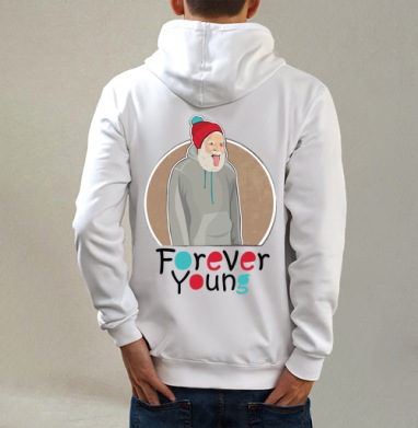 Веселый старик Forever Young с яркой шапкой, Толстовка на молнии, печать на спине. муж. белая v3 320гр