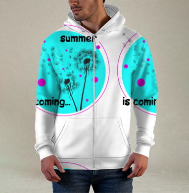 Символ летней свежести с одуванчиками и голубым кругом summer is coming, Толстовка мужская на молнии 3Д полная запечатка