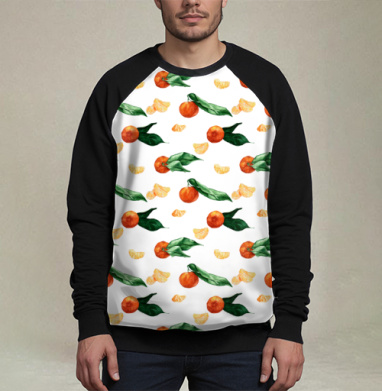 Свежие мандарины с зелеными листьями на полосатом фоне черном белом, Свитшот мужской 3D / хлопок