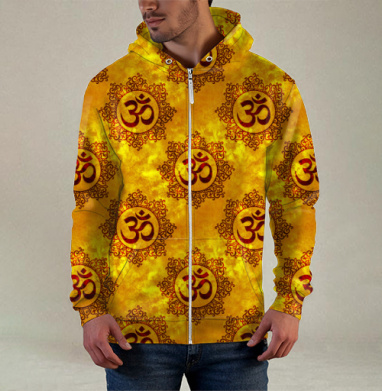 Жёлтые духовные символы Ом на золотом фоне мантра спокойствия, Толстовка мужская на молнии 3Д полная запечатка