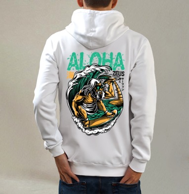 Aloha Zeus / Алоха Зевс, Толстовка на молнии, печать на спине. муж. белая v3 320гр