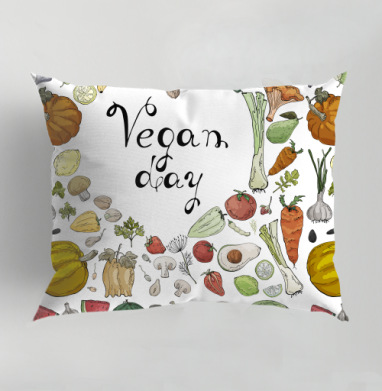 Овощи фрукты ягоды зелень зеленом фоне Vegan day, Подушка декоративная 50х70 см