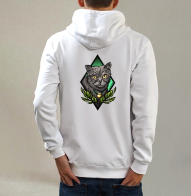 Экзотическая кошка, Толстовка на молнии, печать на спине. муж. белая v3 320гр