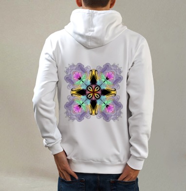 Flower mandala / Цветочная мандала, Толстовка на молнии, печать на спине. муж. белая v3 320гр