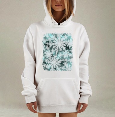 Фрактальные снежинки на бирюзовом фоне зимний узор холодный фон, Hoodie Mjhigh Dig, оверсайз, утепленная